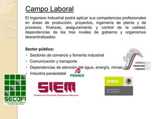 Campo Laboral
El Ingeniero Industrial podrá aplicar sus competencias profesionales
en áreas de producción, proyectos, ingeniería de planta y de
procesos, finanzas, aseguramiento y control de la calidad;
dependencias de los tres niveles de gobierno y organismos
descentralizados:
Sector público:
• Sectores de comercio y fomento industrial
• Comunicación y transporte
• Dependencias de atención del agua, energía, minas, etc.
• Industria paraestatal
 