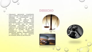 •

FORMAMOS
ABOGADOS
COMPETENTES
PARA LA DEFENSA DE LOS DERECHOS DE LAS
PERSONAS, LAS COMUNIDADES Y LAS
NACIONES;
CON
UN
SÓLIDO
CONOCIMIENTO
DEL
DERECHO,
CON
CAPACIDAD
DE
ANÁLISIS,
CON
PENSAMIENTO LÓGICO Y ARGUMENTACIÓN
ORAL Y ESCRITA QUE LES PERMITA
ENCONTRAR
SOLUCIONES
A
LOS
CONFLICTOS APLICANDO LAS NORMAS
JURÍDICAS, LOS PRINCIPIOS DE JUSTICIA Y
EQUIDAD
Y
VALORES
ÉTICOS
QUE
CONTRIBUYAN
A
SU
DESEMPEÑO
PROFESIONAL ÍNTEGRO, INTERDISCIPLINARIO
Y
RESPONSABLE
EN
LAS
DISTINTAS
ACTIVIDADES JURÍDICAS QUE REALICEN

 