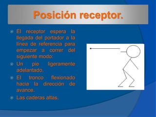 Zona de impulso y relevo.Zona de impulso (pre-zona): Es el área que utiliza el receptor para alcanzar la velocidad óptima para realizar el intercambio del testimonio. Esta zona comienza 10 metros antes de la zona de relevo y concluye al inicio de esta.Zona de Relevo: Es el área destinada para realizar el intercambio del testimonio de parte del corredor portador, al receptor teniendo una longitud de 20 metros.   *Cuando se corre por calles (como en 4x100) el atleta puede poner una señal unos metros antes de la pre-zona. Esta señal será la referencia para su aceleración. 