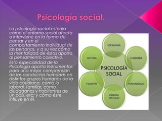 La psicología social estudia
cómo el entorno social afecta
o interviene en la forma de
pensar y en el
comportamiento individual de
las personas, y a su vez cómo
la mentalidad de éstas aporta
al pensamiento colectivo.
Esta especialidad de la
Psicología aporta instrumentos
para una mejor comprensión
de las conductas humanas en
distintos grupos humanos de la
vida cotidiana, como lo
laboral, familiar, como
ciudadanos y habitantes de
un país, etc; y cómo éste
influye en él.
 