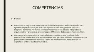 COMPETENCIAS
■ Básicas:
■ Conforman el conjunto de conocimientos, habilidades y actitudes fundamentales para
ejercer cualquier actividad, en este caso específico, educativo, personal y social. El
Programa de Idiomas Modernos asume como competencias básicas: interpretativa,
argumentativa y propositiva, propuestas por el Ministerio de Educación Nacional, MEN.
■ Competencia interpretativa: se concibe la interpretación como el resultado de la
realización de una serie de operaciones inferenciales (procesos mentales y discursivos) que
permiten extraer el sentido implícito, a partir del reconocimiento de aquello que se
explicita en un texto o acto comunicativo.
 