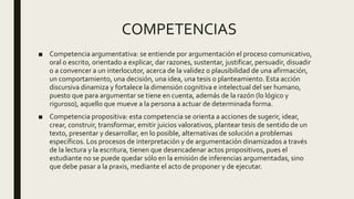 COMPETENCIAS
■ Competencia argumentativa: se entiende por argumentación el proceso comunicativo,
oral o escrito, orientado a explicar, dar razones, sustentar, justificar, persuadir, disuadir
o a convencer a un interlocutor, acerca de la validez o plausibilidad de una afirmación,
un comportamiento, una decisión, una idea, una tesis o planteamiento. Esta acción
discursiva dinamiza y fortalece la dimensión cognitiva e intelectual del ser humano,
puesto que para argumentar se tiene en cuenta, además de la razón (lo lógico y
riguroso), aquello que mueve a la persona a actuar de determinada forma.
■ Competencia propositiva: esta competencia se orienta a acciones de sugerir, idear,
crear, construir, transformar, emitir juicios valorativos, plantear tesis de sentido de un
texto, presentar y desarrollar, en lo posible, alternativas de solución a problemas
específicos. Los procesos de interpretación y de argumentación dinamizados a través
de la lectura y la escritura, tienen que desencadenar actos propositivos, pues el
estudiante no se puede quedar sólo en la emisión de inferencias argumentadas, sino
que debe pasar a la praxis, mediante el acto de proponer y de ejecutar.
 