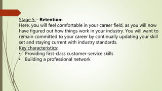 Stage 5 – Retention:
Here, you will feel comfortable in your career field, as you will now
have figured out how things work in your industry. You will want to
remain committed to your career by continually updating your skill
set and staying current with industry standards.
Key characteristics:
• Providing first-class customer-service skills
• Building a professional network
 