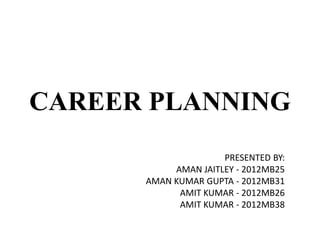 CAREER PLANNING
PRESENTED BY:
AMAN JAITLEY - 2012MB25
AMAN KUMAR GUPTA - 2012MB31
AMIT KUMAR - 2012MB26
AMIT KUMAR - 2012MB38

 