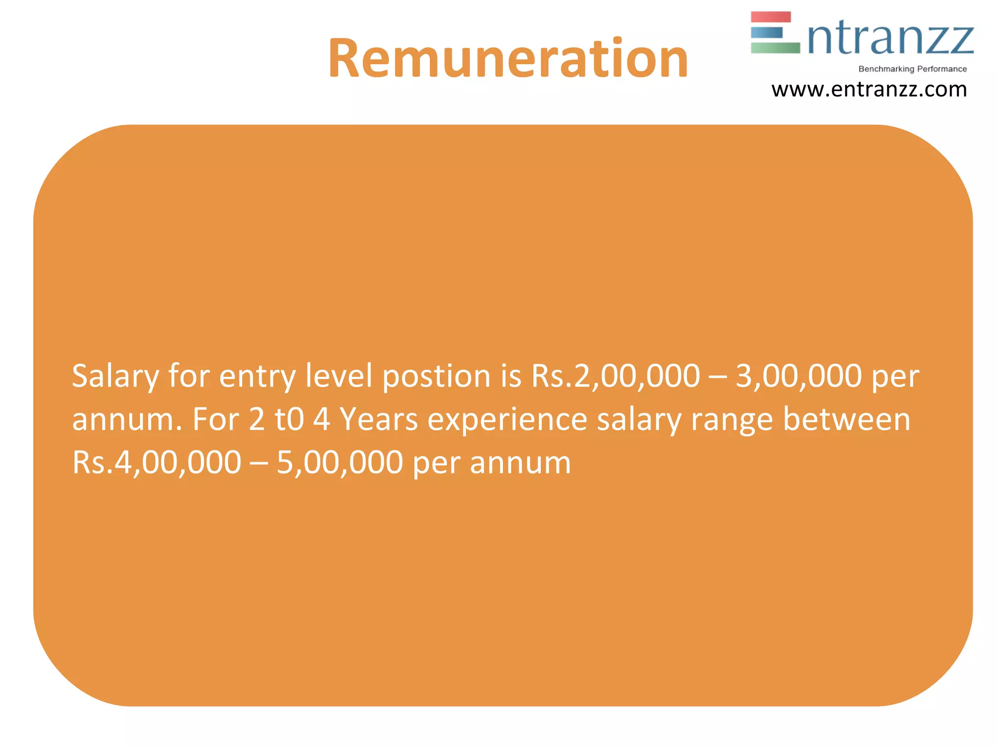 Salary for entry level postion is Rs.2,00,000 – 3,00,000 per
annum. For 2 t0 4 Years experience salary range between
Rs.4,00,000 – 5,00,000 per annum
Remuneration www.entranzz.com