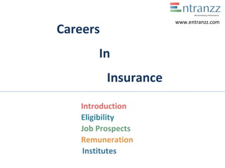 Careers
In
Insurance
Introduction
Eligibility
Job Prospects
Remuneration
Institutes
www.entranzz.com
 