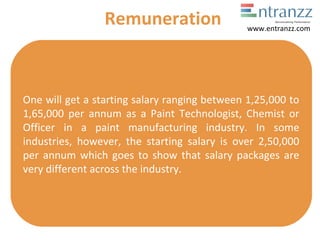 One will get a starting salary ranging between 1,25,000 to
1,65,000 per annum as a Paint Technologist, Chemist or
Officer in a paint manufacturing industry. In some
industries, however, the starting salary is over 2,50,000
per annum which goes to show that salary packages are
very different across the industry.
Remuneration www.entranzz.com
 
