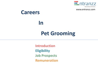 Careers
In
Pet Grooming
Introduction
Eligibility
Job Prospects
Remuneration
www.entranzz.com
 