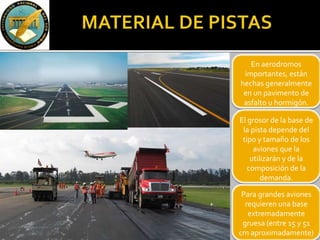En aerodromos
importantes, están
hechas generalmente
en un pavimento de
asfalto u hormigón.
El grosor de la base de
la pista depende del
tipo y tamaño de los
aviones que la
utilizarán y de la
composición de la
demanda.
Para grandes aviones
requieren una base
extremadamente
gruesa (entre 15 y 51
cm aproximadamente)
 