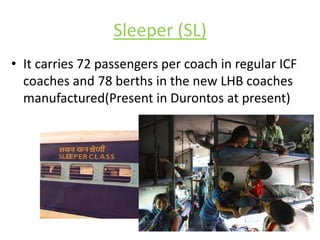 Sleeper (SL) 
• It carries 72 passengers per coach in regular ICF 
coaches and 78 berths in the new LHB coaches 
manufactured(Present in Durontos at present) 
 