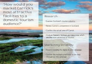 “How would you
market Carrick’s
most attractive
facilities to a    Research
domestic tourism   • Examine Scotland’s tourism industry.
audience?”
                   • Review Carrick’s competitors in Scotland.

                   • Confirm the actual area of Carrick.

                   • Analyze Carrick’s facilities and determine which
                     are the most attractive to tourists.


                   Marketing Strategy
                   • Present branding for digital & print campaign.

                   • Outline the multiple platforms to be used
                     throughout the campaign.
 