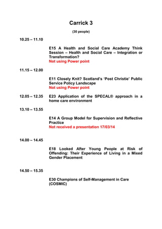 Carrick 3
(30 people)
10.25 – 11.10
E15 A Health and Social Care Academy Think
Session – Health and Social Care – Integration or
Transformation?
Not using Power point
11.15 – 12.00
E11 Closely Knit? Scotland’s ‘Post Christie’ Public
Service Policy Landscape
Not using Power point
12.05 – 12.35 E23 Application of the SPECAL® approach in a
home care environment
13.10 – 13.55
E14 A Group Model for Supervision and Reflective
Practice
Not received a presentation 17/03/14
14.00 – 14.45
E18 Looked After Young People at Risk of
Offending: Their Experience of Living in a Mixed
Gender Placement
14.50 – 15.35
E30 Champions of Self-Management in Care
(COSMIC)
 