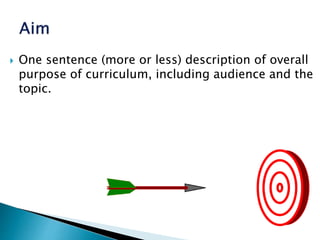  One sentence (more or less) description of overall
purpose of curriculum, including audience and the
topic.
 