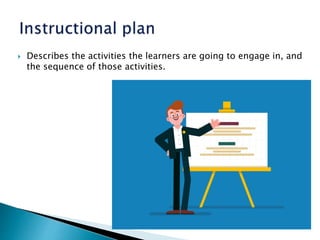 Describes the activities the learners are going to engage in, and
the sequence of those activities.
 