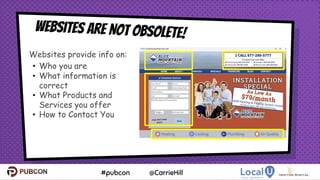 Websites are NOT obsolete!
Websites provide info on:
• Who you are
• What information is
correct
• What Products and
Services you offer
• How to Contact You
11
 