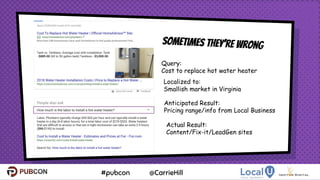 6
Query:
Cost to replace hot water heater
Actual Result:
Content/Fix-it/LeadGen sites
Anticipated Result:
Pricing range/info from Local Business
Localized to:
Smallish market in Virginia
Sometimes they’re wrong
 