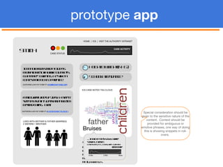 p rototype  app SMITH LIVES WITH MOTHER & FATHER (MARRIED)  2 SISTERS 1 BROTHER ICS CASE NOTES TRENDING TOPICS Height & weight (NHS) School attendance - + CASE STATUS CASE ACTIVITY I can no longer stand P.Diddy's motivational "lotta work to do! let's go people!" Tweeting. He's like a contestant on The Apprentice. # Missed appointment # Upset # Nutrition concerns # Uncle # Older friends 1 day ago JOHN SMITH’S  TWITTER STREAM ICS CASE NOTES TAG CLOUD HOME  |  ICS  |  VISIT THE AUTHORITY INTRANET Feeling really fed-up 2day.  Haven’t seen my son in 5 days and now I’m beyond caring.  Brat. 1 day ago JOHN SMITH’S  FACEBOOK STATUS # Missed appointment # Upset # Nutrition concerns # Uncle # Older friends Bruises father 6 Mo  3 Mo  Now ...I noticed the  bruises  were starting to fade.. Case Notes, PCT, Local Area. 12/04/10. read more Special consideration should be given to the sensitive nature of the content.  Context should be provided for ambiguous or emotive phrases, one way of doing this is showing snippets in roll-overs.  