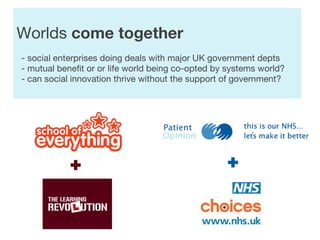 Worlds  come together   - social enterprises doing deals with major UK government depts   - mutual benefit or or life world being co-opted by systems world?    - can social innovation thrive without the support of government? + + 