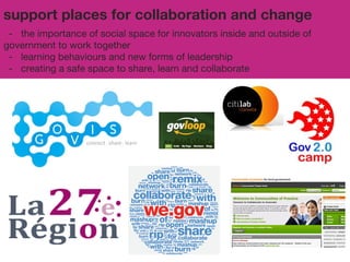 support places for collaboration and change - the importance of social space for innovators inside and outside of  government to work together - learning behaviours and new forms of leadership - creating a safe space to share, learn and collaborate 