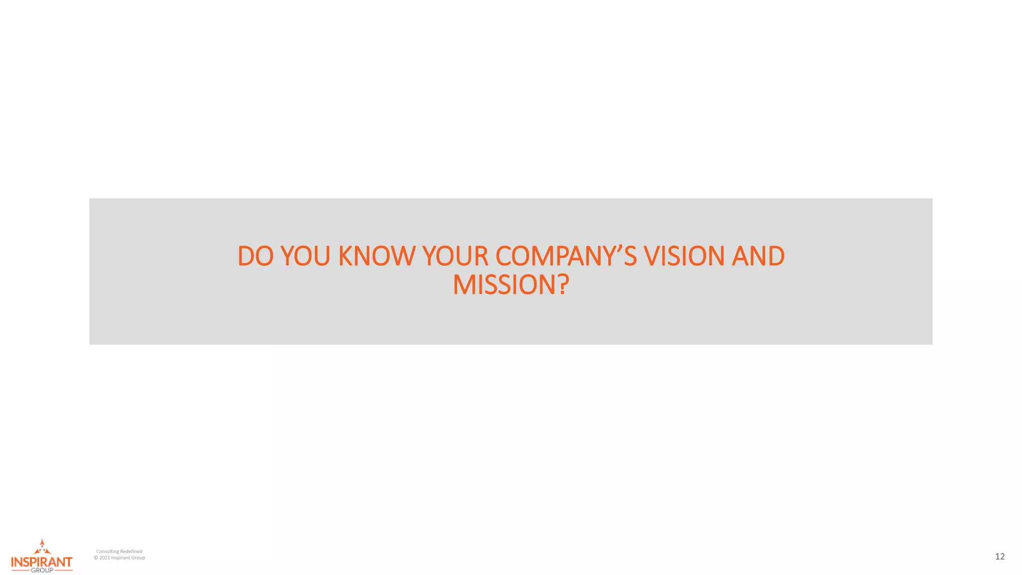 12
Consulting Redefined
© 2021 Inspirant Group
DO YOU KNOW YOUR COMPANY’S VISION AND
MISSION?
 