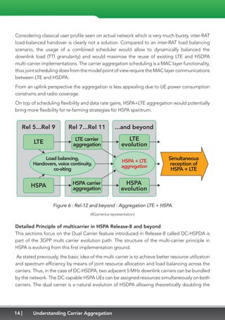 14 Understanding Carrier Aggregation
Considering classical user profile seen on actual network which is very much bursty, inter-RAT
load-balanced handover is clearly not a solution. Compared to an inter-RAT load balancing
scenario, the usage of a combined scheduler would allow to dynamically balanced the
downlink load (TTI granularity) and would maximise the reuse of existing LTE and HSDPA
multi-carrier implementations. The carrier aggregation scheduling is a MAC layer functionality,
thus joint scheduling does from the model point of view require the MAC layer communications
between LTE and HSDPA.
From an uplink perspective the aggregation is less appealing due to UE power consumption
constrains and radio coverage.
On top of scheduling flexibility and data rate gains, HSPA+LTE aggregation would potentially
bring more flexibility for re-farming strategies for HSPA spectrum.
Rel 5...Rel 9 Rel 7...Rel 11 ...and beyond
Simultaneous
reception of
HSPA + LTE
LTE carrier
aggregation
HSPA carrier
aggregation
LTE
LTE
evolution
Load balancing,
Handovers, voice continuity,
co-siting
HSPA
evolution
HSPA + LTE
aggregation
HSPA
Figure 6 : Rel-12 and beyond : Aggregation LTE + HSPA
(4Gamerica representation)
Detailed Principle of multicarrier in HSPA Release-8 and beyond
This sections focus on the Dual Carrier feature introduced in Release-8 called DC-HSPDA is
part of the 3GPP multi carrier evolution path. The structure of the multi-carrier principle in
HSPA is evolving from this first implementation ground.
As stated previously, the basic idea of the multi carrier is to achieve better resource utilization
and spectrum efficiency by means of joint resource allocation and load balancing across the
carriers. Thus, in the case of DC-HSDPA, two adjacent 5 MHz downlink carriers can be bundled
by the network. The DC capable HSPA UEs can be assigned resources simultaneously on both
carriers. The dual carrier is a natural evolution of HSDPA allowing theoretically doubling the
 