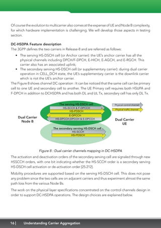 16 Understanding Carrier Aggregation
Of course the evolution to multicarrier also comes at the expense of UE and Node B complexity,
for which hardware implementation is challenging. We will develop those aspects in testing
section.
DC-HSDPA Feature description
The 3GPP defines the two carriers in Release-8 and are referred as follows:
•	 The serving HS-DSCH cell (or Anchor carrier): the UE’s anchor carrier has all the
physical channels including DPCH/F-DPCH, E-HICH, E-AGCH, and E-RGCH. This
carrier also has an associated uplink;
•	 The secondary serving HS-DSCH cell (or supplementary carrier): during dual carrier
operation in CELL_DCH state, the UE’s supplementary carrier is the downlink carrier
which is not the UE’s anchor carrier.
The Figure 8 shows channel DC operation : It can be noticed that the same cell can be primary
cell to one UE and secondary cell to another. The UE Primary cell requires both HSUPA and
F-DPCH in addition to DCHSDPA and has both DL and UL Tx, secondary cell has only DL Tx.
E-DPCCHE DPCCH
HS-DPCCH,DPCCH & E-DPCCH
HS-PDSCHHS-PDSCH
HS-SCCH
HS-SCCH & F-DPCCH
E DPCCH
SCCH & F DPC
HS-PDSCH
Physical control channel
Physical traffic channel
H
Dual Carrier
Node B
Dual Carrier
UE
The serving HS-DSCH cell
The secondary serving HS-DSCH cell
Figure 8 : Dual carrier channels mapping in DC-HSDPA
The activation and deactivation orders of the secondary serving cell are signaled through new
HSSCCH orders, with one bit indicating whether the HS-SCCH order is a secondary serving
HS-DSCH cell activation or de-activation order [25.212].
Mobility procedures are supported based on the serving HS-DSCH cell. This does not pose
any problem since the two cells are on adjacent carriers and thus experiment almost the same
path loss from the various Node Bs.
The work on the physical layer specifications concentrated on the control channels design in
order to support DC-HSDPA operations. The design choices are explained below.
 