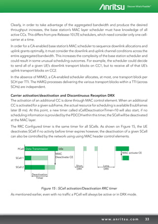33w w w. a n r i t s u . c o m
Clearly, in order to take advantage of the aggregated bandwidth and produce the desired
throughput increases, the base station’s MAC layer scheduler must have knowledge of all
active CCs. This differs from pre-Release-10 LTE schedulers, which need consider only one cell-
carrier at a time.
In order for a CA-enabled base station’s MAC scheduler to sequence downlink allocations and
uplink grants optimally, it must consider the downlink and uplink channel conditions across the
entire aggregated bandwidth. This increases the complexity of the base station scheduler and
could result in some unusual scheduling outcomes. For example, the scheduler could decide
to send all of a given UE’s downlink transport blocks on CC1, but to receive all of that UE’s
uplink transport blocks on CC2.
In the absence of MIMO, a CA-enabled scheduler allocates, at most, one transport block per
SCH per TTI. The HARQ processes delivering the various transport blocks within a TTI (across
SCHs) are independent.
Carrier activation/deactivation and Discontinuous Reception DRX
The activation of an additional CC is done through MAC control element. When an additional
CC is activated for a given subframe, the actual resource for scheduling is available 8 subframes
later (8 ms). At this point, a new timer called sCellDeactivationTimer-r10 will also start, if no
scheduling information is provided by the PDCCH within this timer, the SCell will be deactivated
at the MAC layer.
The RRC Configured timer is the same timer for all SCells. As shown on Figure 15, the UE
deactivates SCell if no activity before timer expires however, the deactivation of a given SCell
can also be controlled by the network using using MAC header control elements.
PCell
SCell 1
SCell 2
MAC
Deactivate CE
Deactivation
Timer
Data Transmission Idle
Short
DRX
Long
DRX
MAC activate CE
Figure 15 : SCell activation/Deactivation RRC timer
As mentioned earlier, even with no traffic a PCell will always be active or in DRX mode.
 