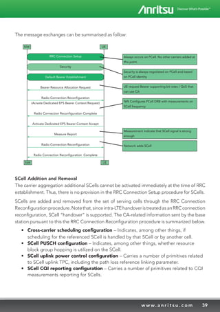 39w w w. a n r i t s u . c o m
The message exchanges can be summarised as follow:
RRC Connection Setup
Security
Default Bearer Establishment
Bearer Resource Allocation Request
Radio Connection Reconfiguration
(Acivate Dedicated EPS Bearer Context Request)
Radio Connection Reconfiguration Complete
Activate Dedicated EPS Bearer Context Accept
Measure Report
Radio Connection Reconfiguration
Radio Connection Reconfiguration Complete
NW UE
NW UE
Always occurs on PCell. No other carriers added at
this point.
Security is always negotiated on PCell and based
on PCell identity
UE request Bearer supporting bit rates / QoS that
can use CA
NW Configures PCell DRB with measurements on
SCell frequency
Measurement indicate that SCell signal is strong
enough
Network adds SCell
SCell Addition and Removal
The carrier aggregation additional SCells cannot be activated immediately at the time of RRC
establishment. Thus, there is no provision in the RRC Connection Setup procedure for SCells.
SCells are added and removed from the set of serving cells through the RRC Connection
Reconfigurationprocedure.Notethat,sinceintra-LTEhandoveristreatedasanRRCconnection
reconfiguration, SCell “handover” is supported. The CA-related information sent by the base
station pursuant to this the RRC Connection Reconfiguration procedure is summarized below.
•	 Cross-carrier scheduling configuration – Indicates, among other things, if
scheduling for the referenced SCell is handled by that SCell or by another cell.
•	 SCell PUSCH configuration – Indicates, among other things, whether resource
block group hopping is utilized on the SCell.
•	 SCell uplink power control configuration – Carries a number of primitives related
to SCell uplink TPC, including the path loss reference linking parameter.
•	 SCell CQI reporting configuration – Carries a number of primitives related to CQI
measurements reporting for SCells.
 