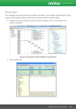 61w w w. a n r i t s u . c o m
Protocol analysis
The messages are presented for log analysis and debug. This multiple representation of the
protocol exchange provides an easy mean to pinpoint and fix complex issues.
•	 Analyse your live call flow using the Protocol analyser. Here is an example of an
addition of SCell :
Figure 32: Example of SCell Addition Protocol flow
•	 Trace mode view :
 