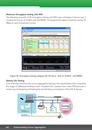 64 Understanding Carrier Aggregation
Maximum throughput testing with RTD
The following example of UE throughput testing with RTD uses a Category 6 device over 2
Component Carrier of 10 MHz with 2x2 MIMO. The physical throughput downlink reaches 74
Mbps on each Component Carrier.
Figure 34: Throughput testing category UE LTE Cat 6 - 2CC of 10 MHz - 2x2 MIMO
Battery Life Testing
One of the key concerns with carrier aggregation testing is the actual battery drain caused by
the usage of additional hardware chain. Coupled with a battery drain tester RTD provides a
simple way of designing and testing the actual battery consumption of the LTE-A devices.
 