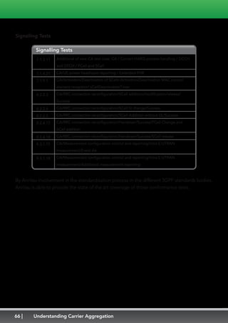 66 Understanding Carrier Aggregation
Signalling Tests
7.1.3.11
7.1.4.21
7.1.9.1
8.2.2.3
8.2.2.4
8.2.2.5
8.2.4.17
8.2.4.18
8.3.1.17
8.3.1.18
Signalling Tests
Additional of new CA test case: CA / Correct HARQ process handling / DCCH
and DTCH / PCell and SCell
CA/UE power headroom reporting / Extended PHR
CA/Activation/Deactivation of SCells Activation/Deactivation MAC control
element reception/ sCellDeactivationTimer
CA/RRC connection reconfiguration/SCell addition/modification/release/
Success
CA/RRC connection reconfiguration/SCell SI change/Success
CA/RRC connection reconfiguration/SCell Addition without UL/Success
CA/RRC connection reconfiguration/Handover/Success/PCell Change and
SCell addition
CA/RRC connection reconfiguration/Handover/Success/SCell release
CA/Measurement configuration control and reporting/Intra E-UTRAN
measurement/Event A6
CA/Measurement configuration control and reporting/Intra E-UTRAN
measurement/Additional measurement reporting
By Anritsu involvement in the standardisation process in the different 3GPP standards bodies,
Anritsu is able to provide the state of the art coverage of those conformance tests.
 