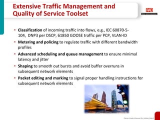 Extensive Traffic Management and
Quality of Service Toolset

• Classification of incoming traffic into flows, e.g., IEC 60870-5-
  104, DNP3 per DSCP, 61850 GOOSE traffic per PCP, VLAN-ID
• Metering and policing to regulate traffic with different bandwidth
  profiles
• Advanced scheduling and queue management to ensure minimal
  latency and jitter
• Shaping to smooth out bursts and avoid buffer overruns in
  subsequent network elements
• Packet editing and marking to signal proper handling instructions for
  subsequent network elements




                                                                Carrier-Grade Ethernet for Utilities Slide 9
 