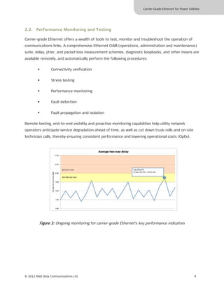 Carrier-Grade Ethernet for Power Utilities




2.2. Performance Monitoring and Testing

Carrier-grade Ethernet offers a wealth of tools to test, monitor and troubleshoot the operation of
communications links. A comprehensive Ethernet OAM (operations, administration and maintenance)
suite, delay, jitter, and packet loss measurement schemes, diagnostic loopbacks, and other means are
available remotely, and automatically perform the following procedures:

               Connectivity verification

               Stress testing

               Performance monitoring

               Fault detection

               Fault propagation and isolation

Remote testing, end-to-end visibility and proactive monitoring capabilities help utility network
operators anticipate service degradation ahead of time, as well as cut down truck-rolls and on-site
technician calls, thereby ensuring consistent performance and lowering operational costs (OpEx).




         Figure 3: Ongoing monitoring for carrier-grade Ethernet’s key performance indicators




© 2012 RAD Data Communications Ltd                                                                          9
 