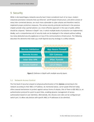 Carrier-Grade Ethernet for Power Utilities




5 Security
While in silo-based legacy networks security hasn’t been considered much of an issue, modern
industrial automation networks that use Ethernet- and IP-based infrastructure, and which consist of
many inter-connected devices, are much more vulnerable to cyber attacks and therefore need to
implement proper protection measures. The various security protocols mentioned in the previous
chapter provide only a partial solution, as a more effective approach in the case of public utilities
should be a layered, “Defense in Depth” one, in which multiple levels of protection are implemented.
Ideally, such a comprehensive set of security tools can be deployed in the network without adding
too many dedicated security appliances on top of the communications infrastructure. The following
describes the elements that make up a multi-layered security strategy in a utility network:




                             Figure 5: Defense in Depth with multiple security layers



5.1 Network Access Control

The first level of security is based on physical authentication of the devices connecting to the
network according to their MAC or IP address. As mentioned above, carrier-grade Ethernet today
offers several mechanisms to protect against various forms of attacks. One of them is IEEE 802.1x, an
authentication protocol for point-to-point links, enabling dynamic management of access
authorization based on user identities. Alternatively, ACL (Access List) rules can be configured per
switch port, to allow only devices with specific MAC or IP addresses to be admitted.




16                                                                         © 2012 RAD Data Communications Ltd
 
