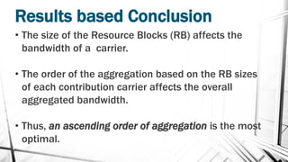 Results based Conclusion
• The size of the Resource Blocks (RB) affects the
bandwidth of a carrier.
• The order of the aggregation based on the RB sizes
of each contribution carrier affects the overall
aggregated bandwidth.
• Thus, an ascending order of aggregation is the most
optimal.
 