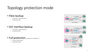 Topology protection mode
• Fibre backup
• Primary fails -> secondary takes up
• No backup for ONU
• OLT interface backup
• Primary fails -> secondary takes up
• No backup for ONU
• Full protection (complex & not cost effective )
• Recovery of various faults
• Backup also for ONU
9
 