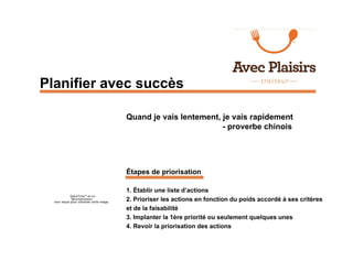 Planifier avec succès

                                            Quand je vais lentement, je vais rapidement
                                                                     - proverbe chinois




                                            Étapes de priorisation

                                            1. Établir une liste d’actions
             QuickTime™ et un
              décompresseur
  sont requis pour visionner cette image.
                                            2. Prioriser les actions en fonction du poids accordé à ses critères
                                            et de la faisabilité
                                            3. Implanter la 1ère priorité ou seulement quelques unes
                                            4. Revoir la priorisation des actions
 