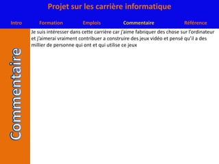 Je suis intéresser dans cette carrière car j’aime fabriquer des chose sur l’ordinateur et j’aimerai vraiment contribuer a construire des jeux vidéo et pensé qu’il a des millier de personne qui ont et qui utilise ce jeux
