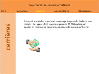 Projet sur les carrières informatiques

Intro   formations         carrières        commentaires         Bibliographie



              Un agent immobilier montre et encourage les gens de s’acheter une
              maison . Les agents font minimum garantie 30 000 dollars par
              années en montant sa dépend de combien de maison qu’il vend.
 