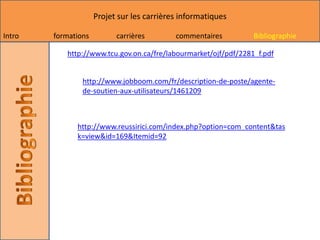 Projet sur les carrières informatiques

Intro   formations         carrières        commentaires         Bibliographie

           http://www.tcu.gov.on.ca/fre/labourmarket/ojf/pdf/2281_f.pdf


                http://www.jobboom.com/fr/description-de-poste/agente-
                de-soutien-aux-utilisateurs/1461209



              http://www.reussirici.com/index.php?option=com_content&tas
              k=view&id=169&Itemid=92
 