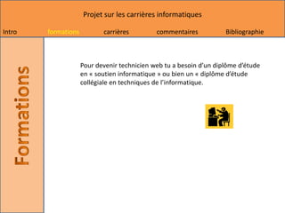 Projet sur les carrières informatiques

Intro   formations          carrières         commentaires           Bibliographie



                     Pour devenir technicien web tu a besoin d’un diplôme d’étude
                     en « soutien informatique » ou bien un « diplôme d’étude
                     collégiale en techniques de l’informatique.
 