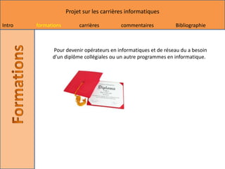 Projet sur les carrières informatiques

Intro   formations        carrières        commentaires          Bibliographie



              Pour devenir opérateurs en informatiques et de réseau du a besoin
              d’un diplôme collégiales ou un autre programmes en informatique.
 