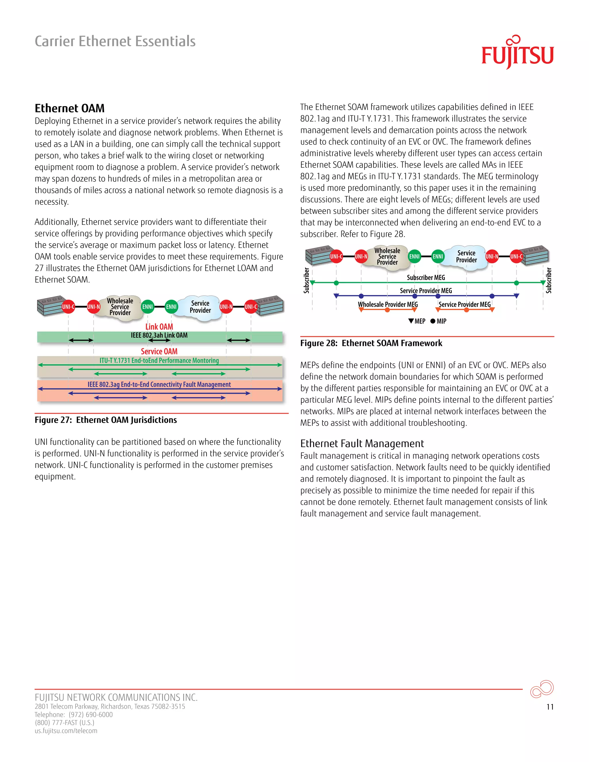 FUJITSU NETWORK COMMUNICATIONS INC.
2801 Telecom Parkway, Richardson, Texas 75082-3515
Telephone: (972) 690-6000
(800) 777-FAST (U.S.)
us.fujitsu.com/telecom
11
Ethernet OAM
Deploying Ethernet in a service provider’s network requires the ability
to remotely isolate and diagnose network problems. When Ethernet is
used as a LAN in a building, one can simply call the technical support
person, who takes a brief walk to the wiring closet or networking
equipment room to diagnose a problem. A service provider’s network
may span dozens to hundreds of miles in a metropolitan area or
thousands of miles across a national network so remote diagnosis is a
necessity.
Additionally, Ethernet service providers want to differentiate their
service offerings by providing performance objectives which specify
the service’s average or maximum packet loss or latency. Ethernet
OAM tools enable service provides to meet these requirements. Figure
27 illustrates the Ethernet OAM jurisdictions for Ethernet LOAM and
Ethernet SOAM.
Service
Provider
Wholesale
Service
Provider
UNI-CUNI-C UNI-NUNI-N ENNIENNI
Link OAM
Service OAM
ITU-TY.1731 End-toEnd Performance Montoring
IEEE 802.3ag End-to-End Connectivity Fault Management
IEEE 802.3ah Link OAM
Figure 27: Ethernet OAM Jurisdictions
UNI functionality can be partitioned based on where the functionality
is performed. UNI-N functionality is performed in the service provider’s
network. UNI-C functionality is performed in the customer premises
equipment.
The Ethernet SOAM framework utilizes capabilities defined in IEEE
802.1ag and ITU-T Y.1731. This framework illustrates the service
management levels and demarcation points across the network
used to check continuity of an EVC or OVC. The framework defines
administrative levels whereby different user types can access certain
Ethernet SOAM capabilities. These levels are called MAs in IEEE
802.1ag and MEGs in ITU-T Y.1731 standards. The MEG terminology
is used more predominantly, so this paper uses it in the remaining
discussions. There are eight levels of MEGs; different levels are used
between subscriber sites and among the different service providers
that may be interconnected when delivering an end-to-end EVC to a
subscriber. Refer to Figure 28.
Service
Provider
Wholesale
Service
Provider
UNI-CUNI-C UNI-NUNI-N ENNIENNI
Subscriber MEG
Service Provider MEG
Subscriber
Subscriber
Wholesale Provider MEG
MEP MIP
Service Provider MEG
Figure 28: Ethernet SOAM Framework
MEPs define the endpoints (UNI or ENNI) of an EVC or OVC. MEPs also
define the network domain boundaries for which SOAM is performed
by the different parties responsible for maintaining an EVC or OVC at a
particular MEG level. MIPs define points internal to the different parties’
networks. MIPs are placed at internal network interfaces between the
MEPs to assist with additional troubleshooting.
Ethernet Fault Management
Fault management is critical in managing network operations costs
and customer satisfaction. Network faults need to be quickly identified
and remotely diagnosed. It is important to pinpoint the fault as
precisely as possible to minimize the time needed for repair if this
cannot be done remotely. Ethernet fault management consists of link
fault management and service fault management.
Carrier Ethernet Essentials
 