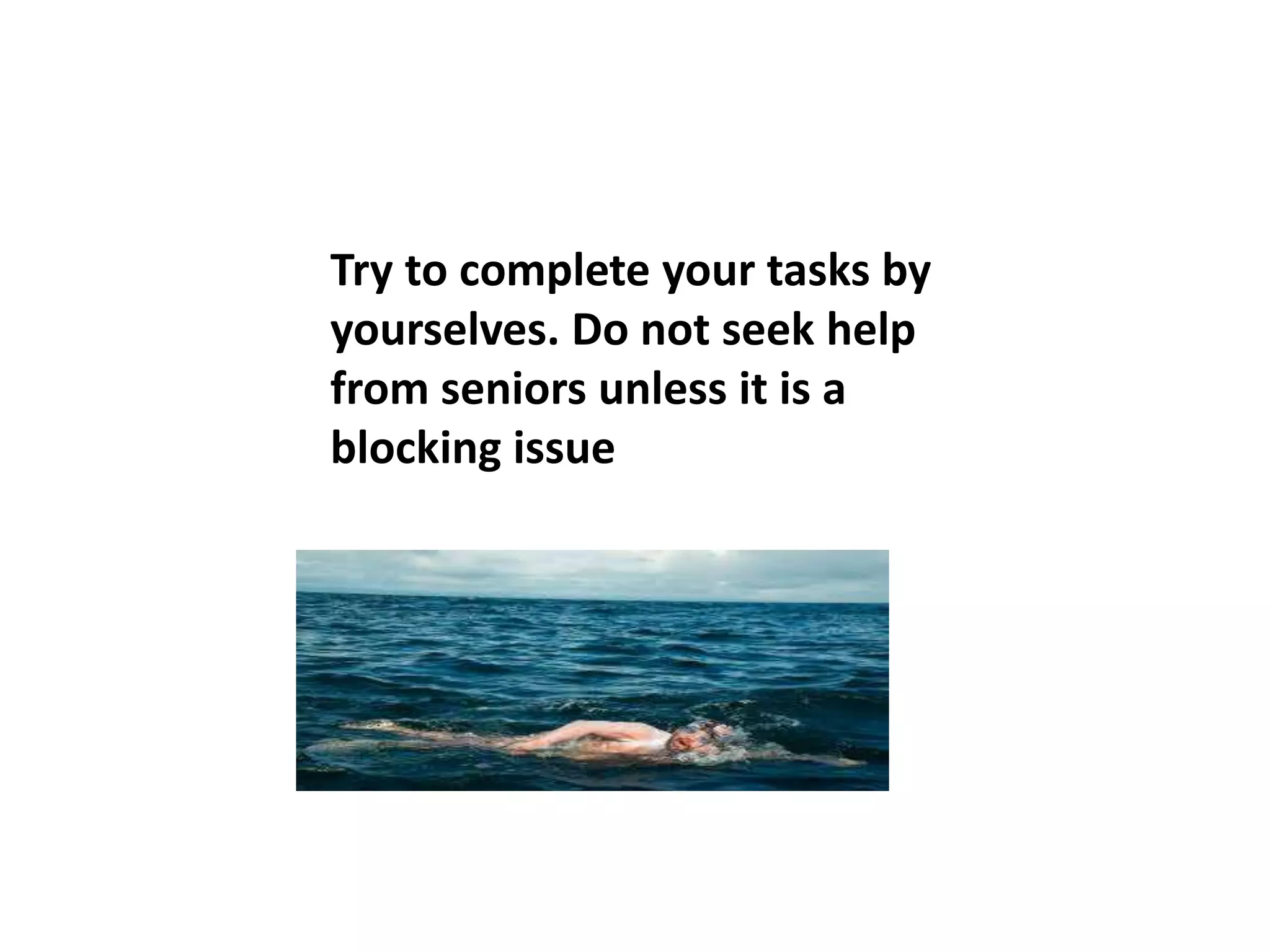 Try to complete your tasks by
yourselves. Do not seek help
from seniors unless it is a
blocking issue
 