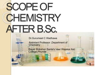 SCOPEOF
CHEMISTRY
AFTER B.Sc.
1
Dr.Gurumeet C Wadhawa
Assistant Professor ,Department of
Chemistry
Rayat Shikshan Santa's Veer Wajekar Asc
College,Phunde
 