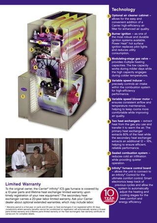 Technology
                                                                                                                   1 Optional air cleaner cabinet –
                                                                                                                     allows for the easy and
                                                                                                                     convenient addition of a
                                                                                                                     Carrier high-efficiency air
                                                                                                                     filter for enhanced air quality.
                                             2
                                                                                                                   2 Burner ignition – as one of
                                                                                                                     the most robust and durable
                                                                                   6
                                                                                                                     ignition systems available,
                                     7                                                                               Power Heat™ hot surface
                                                                                                                     ignition replaces pilot lights
                            3                                                                                        and reduces utility
                                                                                                                     consumption.

                                                                                                                   3 Modulating-stage gas valve –
                                                                                                                     provides multiple heating
                                                                                                                     capacities. The low capacity
                                4                                                                                    works during milder days while
                                                                                                                     the high capacity engages
                                                                                                                     during colder temperatures.
                                                                                                                   4 Variable speed inducer –
                                                                                                                     precisely controls air intake
                                                                                                                     within the combustion system
                                                                                                                     for high-efficiency
                                      8                                        5                                     performance.
                  1
                                                                                                                   5 Variable speed blower motor –
                                                                                                                     ensures consistent airflow and
                                                                                                                     temperature maintenance,
                                                                                                                     helping to keep rooms more
                                                                                                                     comfortable while improving
                                                                                                                     air quality.

                                                                                                                   6 Two heat exchangers – extract
                                                                                                                     heat from the gas you use and
                                                                                                                     transfer it to warm the air. The
                                                                                                                     primary heat exchanger
                                                                                                                     extracts 80% of the heat while
                                                                                                                     the secondary heat exchanger
                                                                                                                     extracts an additional 12 – 16%,
                                                                                                                     helping to ensure efficient,
                                                                                                                     reliable performance.
                                                                                                                   7 Sealed combustion system –
                                                                                                                     reduces cold air infiltration
                                                                                                                     while providing quieter
                                                                                                                     operation.
                                                                                                                             ®
                                                                                                                   8 Infinity furnace control board
                                                                                                                    – allows the unit to connect to
                                                                                                                    an Infinity® Control for the
                                                                                                                    ultimate comfort control. Smart
                                                                                                                    electronics keep track of
Limited Warranty                                                                                                       previous cycles and allow the
To the original owner, the Carrier® Infinity® ICS gas furnace is covered by                                               system to automatically
a 10-year parts and lifetime heat exchanger limited warranty upon                                                          adjust the heating and
timely registration of your new equipment.* The secondary heat
exchanger carries a 20-year labor limited warranty. Ask your Carrier
                                                                                                             10
                                                                                                             YEAR
                                                                                                              LIMITED
                                                                                                                           cooling stages for the
                                                                                                                           best comfort and
                                                                                                             WARRANTY
dealer about optional extended warranties, which may include labor.                                                       energy efficiency.
* Warranty period is a five-year on parts and 20-year on heat exchangers if not registered within 90 days.
Jurisdictions where warranty benefits cannot be conditioned on registration will automatically receive a 10-year
parts limited warranty and a lifetime parts limited warranty on the heat exchangers. See warranty certificate at
carrier.com for complete details.
 