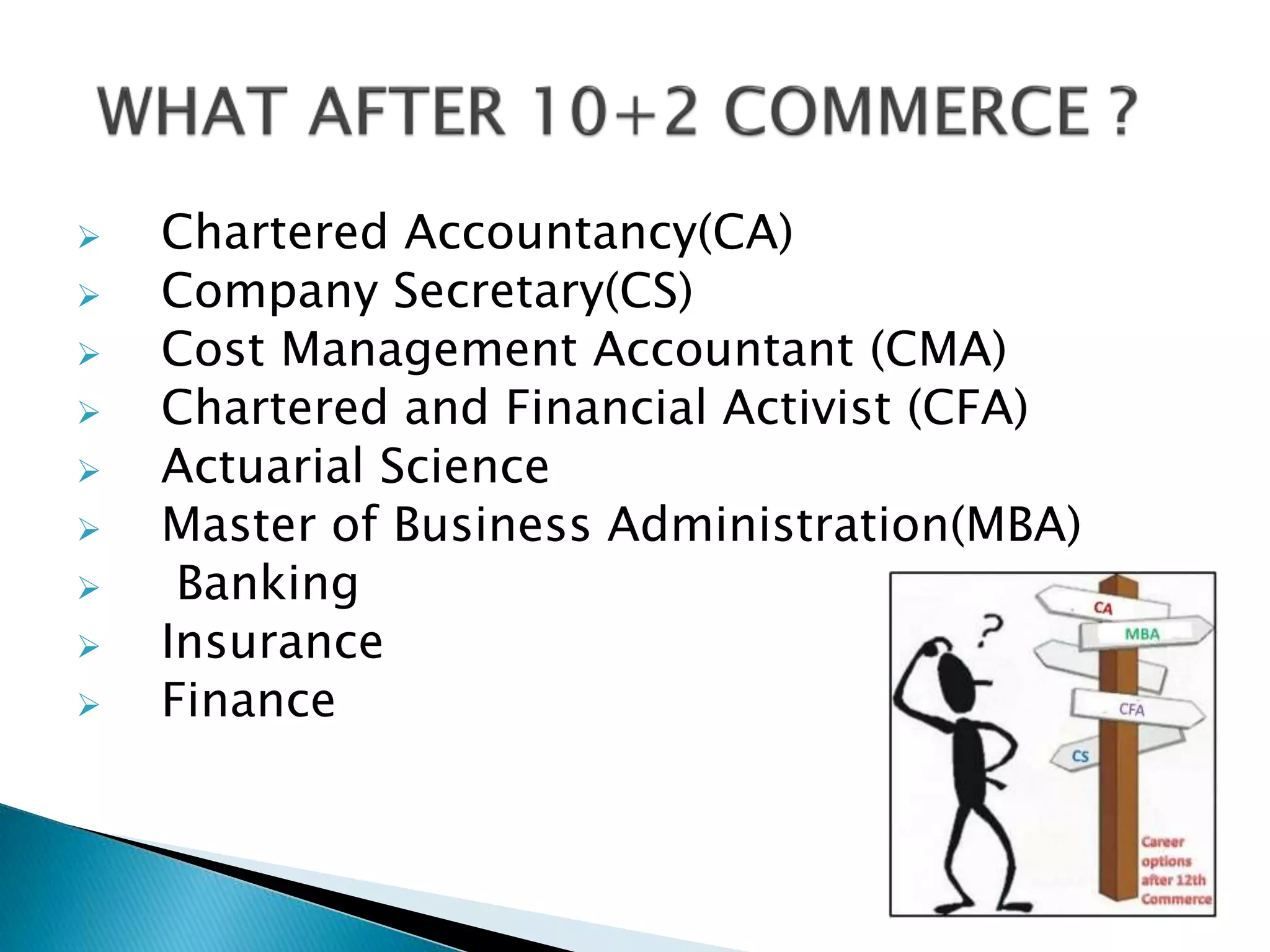  Chartered Accountancy(CA) 
 Company Secretary(CS) 
 Cost Management Accountant (CMA) 
 Chartered and Financial Activist (CFA) 
 Actuarial Science 
 Master of Business Administration(MBA) 
 Banking 
 Insurance 
 Finance 
 