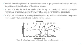 17
 Infrared spectroscopy used in the characterization of polymerization kinetics, network
formations and identification of functional groups.
 IR spectroscopy is used to study crosslinking in controlled release hydrogels
synthesized by copolymerizing 2-vinylpyridine with divinylbenzene monomers.
 IR spectroscopy is used to investigate the effect of pH on the intermolecular complexes
between polyethylene oxide and carboxy vinyl polymer.
Figure 1. Infrared spectrum of polyimide (—) and model compound (- - - -)
 