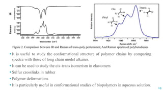 Figure 2. Comparison between IR and Raman of trans-poly pentenamer; And Raman spectra of polybutadienes
It is useful to study the conformational structure of polymer chains by comparing
spectra with those of long chain model alkanes.
It can be used to study the cis–trans isomerism in elastomers
Sulfur crosslinks in rubber
Polymer deformations
It is particularly useful in conformational studies of biopolymers in aqueous solution.
19
 