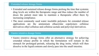 5
• Extended and sustained release dosage forms prolong the time that systemic
drug levels are within the therapeutic range and thus reduce the number of
doses the patient must take to maintain a therapeutic effect there by
increasing compliance.
• The most commonly used water insoluble polymers for extended release
applications are the ammonium ethacrylate copolymers cellulose
derivatives ethyl cellulose and cellulose acetate and polyvinyl derivatives.
Extended release dosage forms
• Gastro retentive dosage forms offer an alternative strategy for achieving
extended release profile in which the formulation will remain in the
stomach for prolonged periods, releasing the drug insitu, which will then
dissolve in the liquid contents and slowly pass into the small intestine.
Gastro retentive dosage forms
 